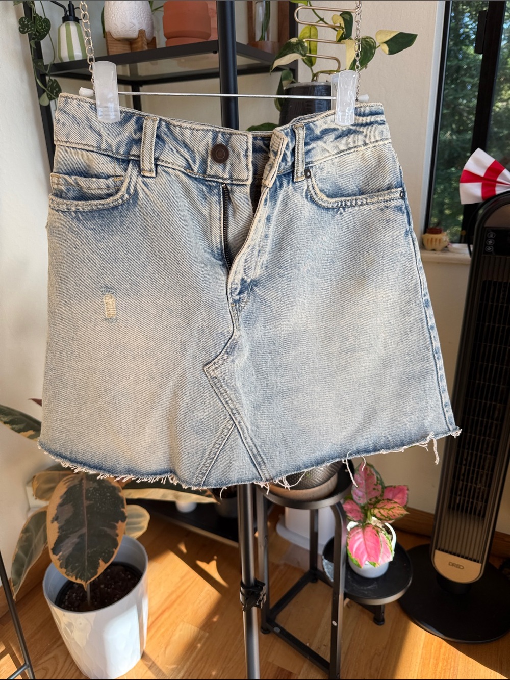 All Saints Light Wash Distressed Denim Mini Skirt